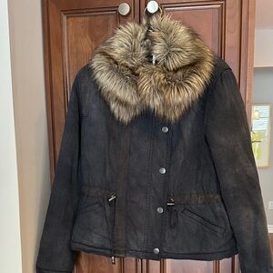 Super cute Free People xs Dark Blue 100% Cotton Jacket with Faux Fur Collar